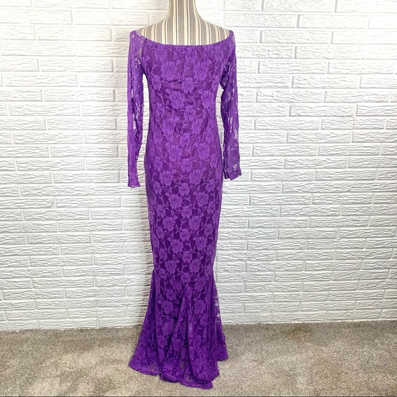 Purple Lace Off The Shoulder Maternity Maxi Dress - Picture 7 of 9
